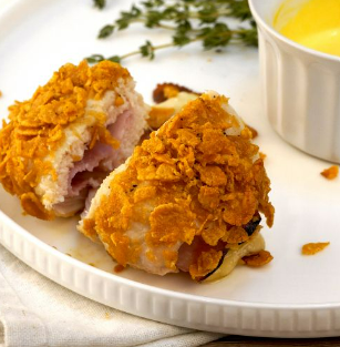 Chicken Cordon Bleu with cereal coating